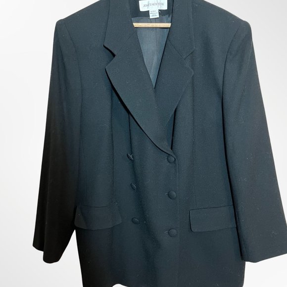 VTG 80s  Big Shoulders Double Breasted Long Wool Crepe Blazer Jacket Jones NY - Picture 2 of 6